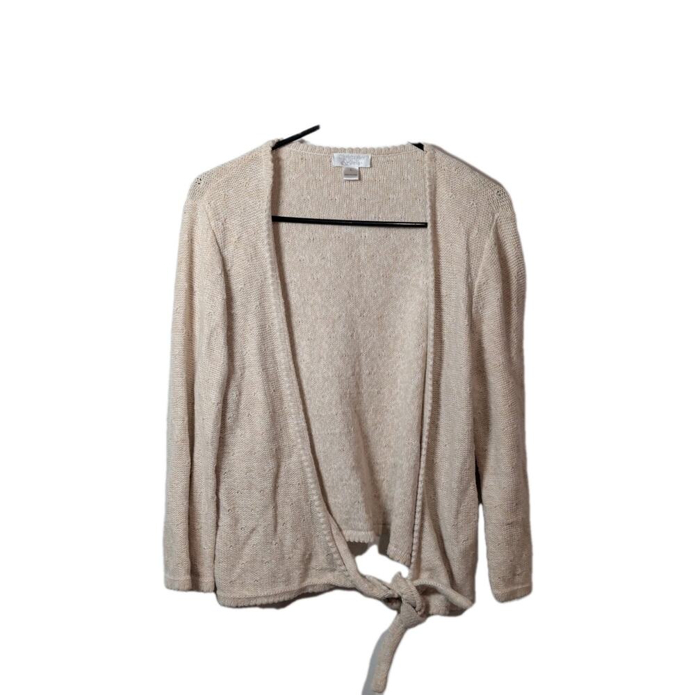 Christopher & Banks Sweater Shirt Cream Crochet Cardigan Size Large Ruffle Tie